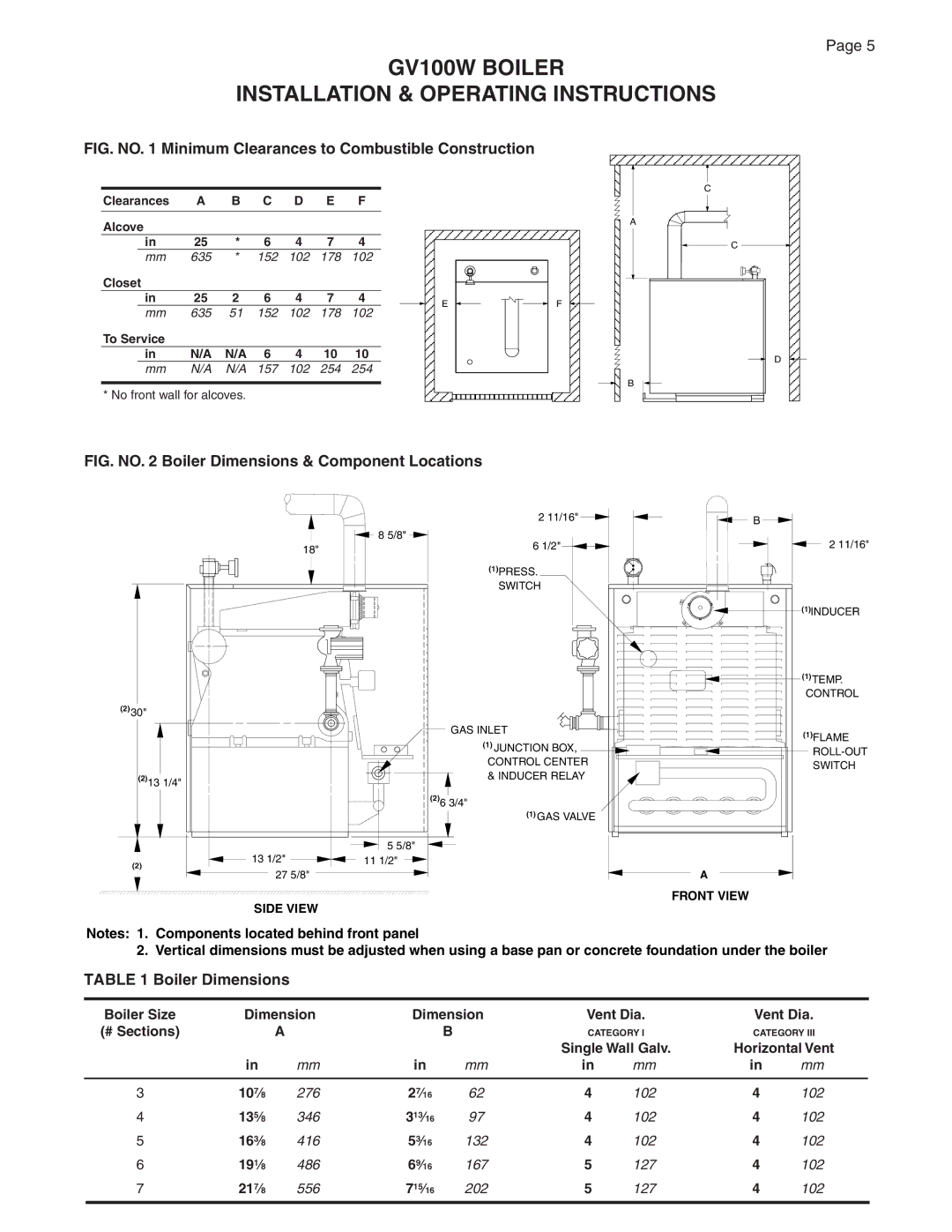 Smith Cast Iron Boilers GVIOM-5R manual Boiler Dimensions 