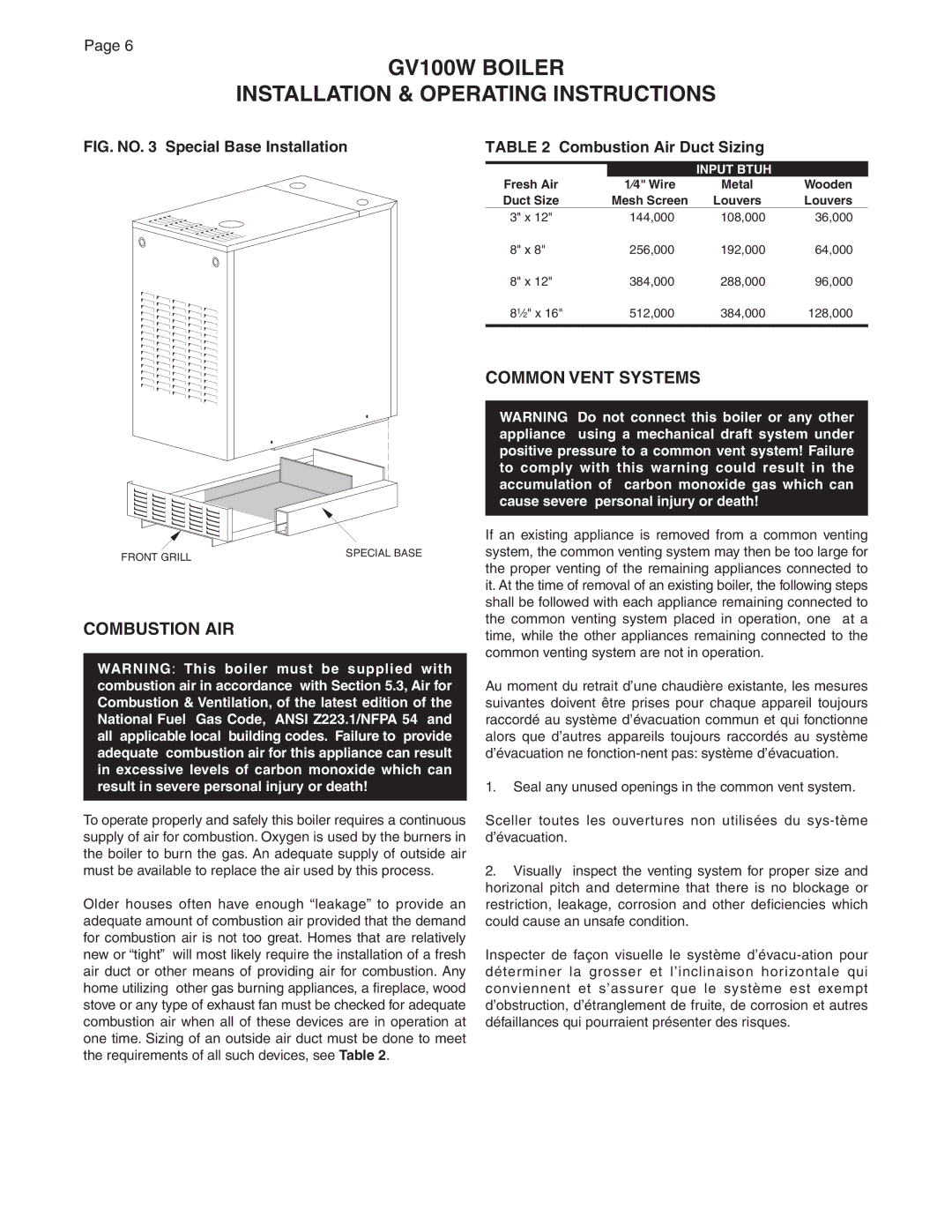 Smith Cast Iron Boilers GVIOM-5R manual Combustion AIR, Common Vent Systems, Combustion Air Duct Sizing, Louvers 