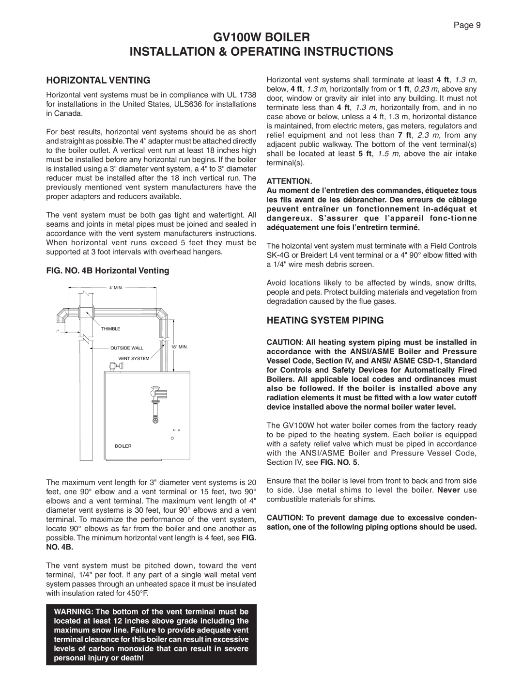 Smith Cast Iron Boilers GVIOM-5R manual Horizontal Venting, Heating System Piping, No B 