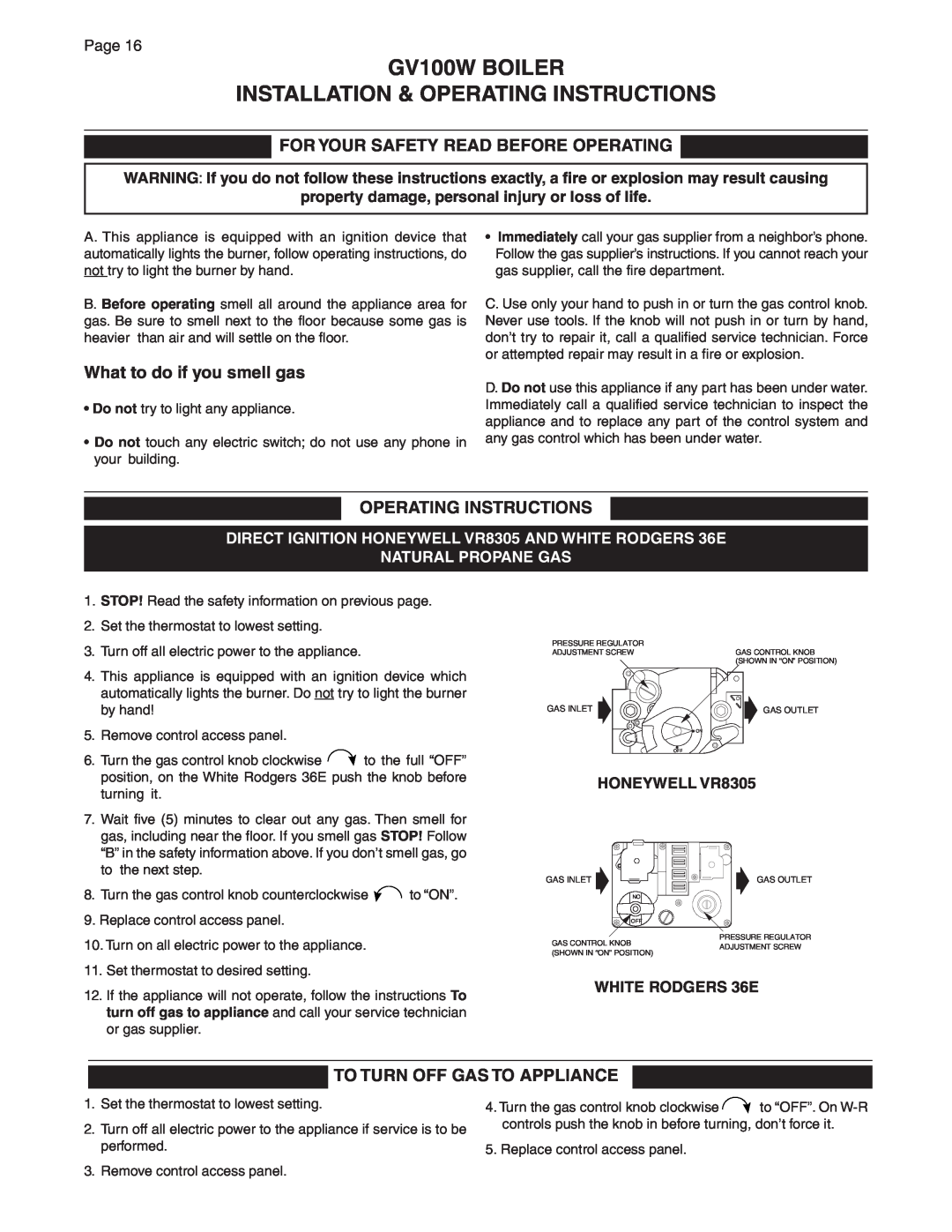 Smith Cast Iron Boilers GVIOM-5R manual GV100W BOILER, Installation & Operating Instructions, What to do if you smell gas 
