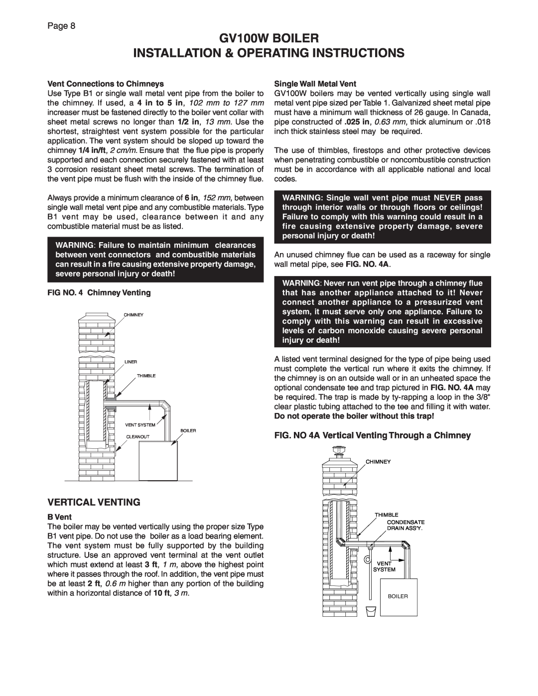 Smith Cast Iron Boilers GVIOM-5R manual GV100W BOILER, Installation & Operating Instructions, Vertical Venting 