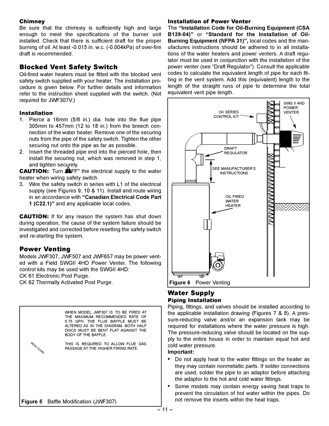 Smith Cast Iron Boilers JW727, JWF507, JWF657, JW527, JW327, JW317 Blocked Vent Safety Switch, Power Venting, Water Supply 