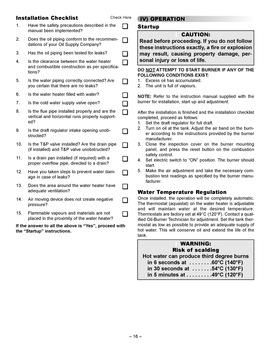 Smith Cast Iron Boilers JWF307V, JWF507, JW727, JWF657 Installation Checklist, IV Operation, Water Temperature Regulation 