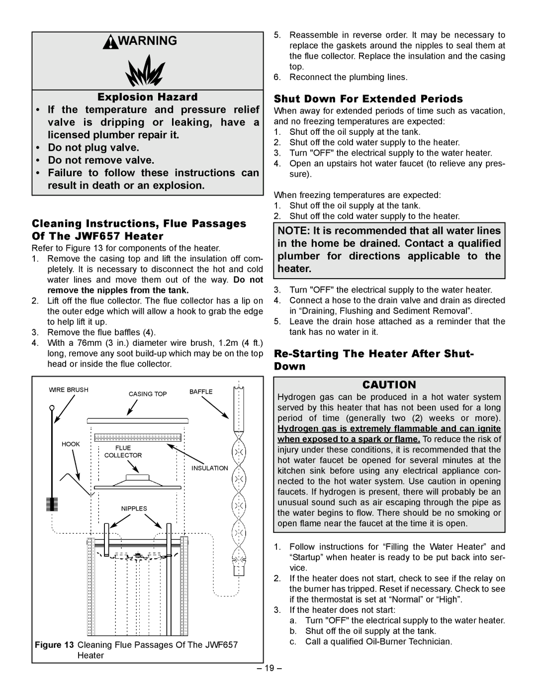 Smith Cast Iron Boilers JWF307, JWF507, JW727, JW527 Shut Down For Extended Periods, Re-Starting The Heater After Shut- Down 