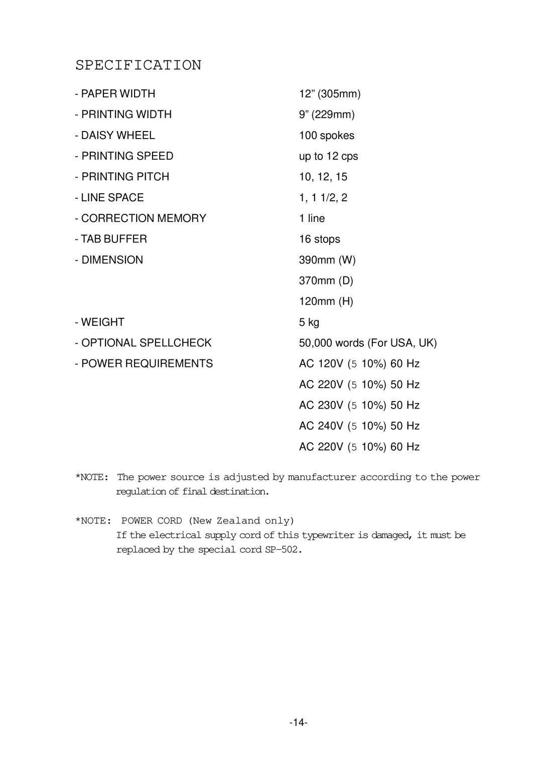 Smith Corona 100 instruction manual Specification, Power Requirements 