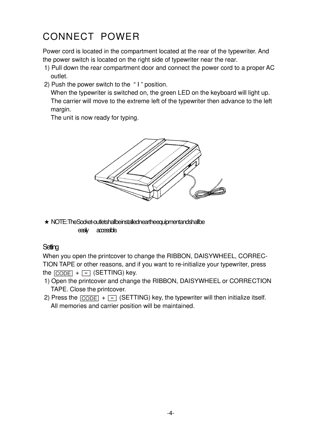 Smith Corona 100 instruction manual Connect Power, Setting 