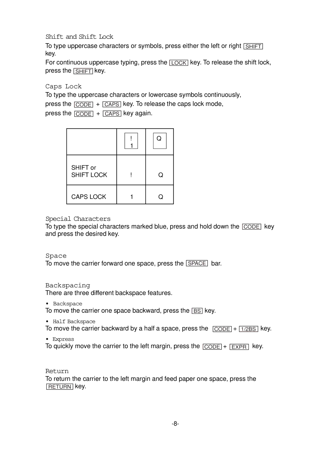 Smith Corona 100 instruction manual Shift and Shift Lock, Caps Lock, Special Characters, Space, Backspacing, Return 