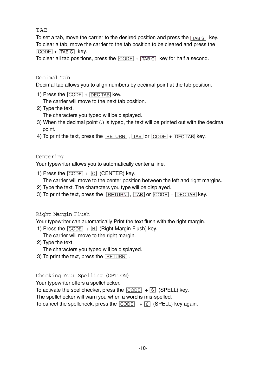 Smith Corona 200 instruction manual Decimal Tab, Centering, Right Margin Flush, Checking Your Spelling Option 