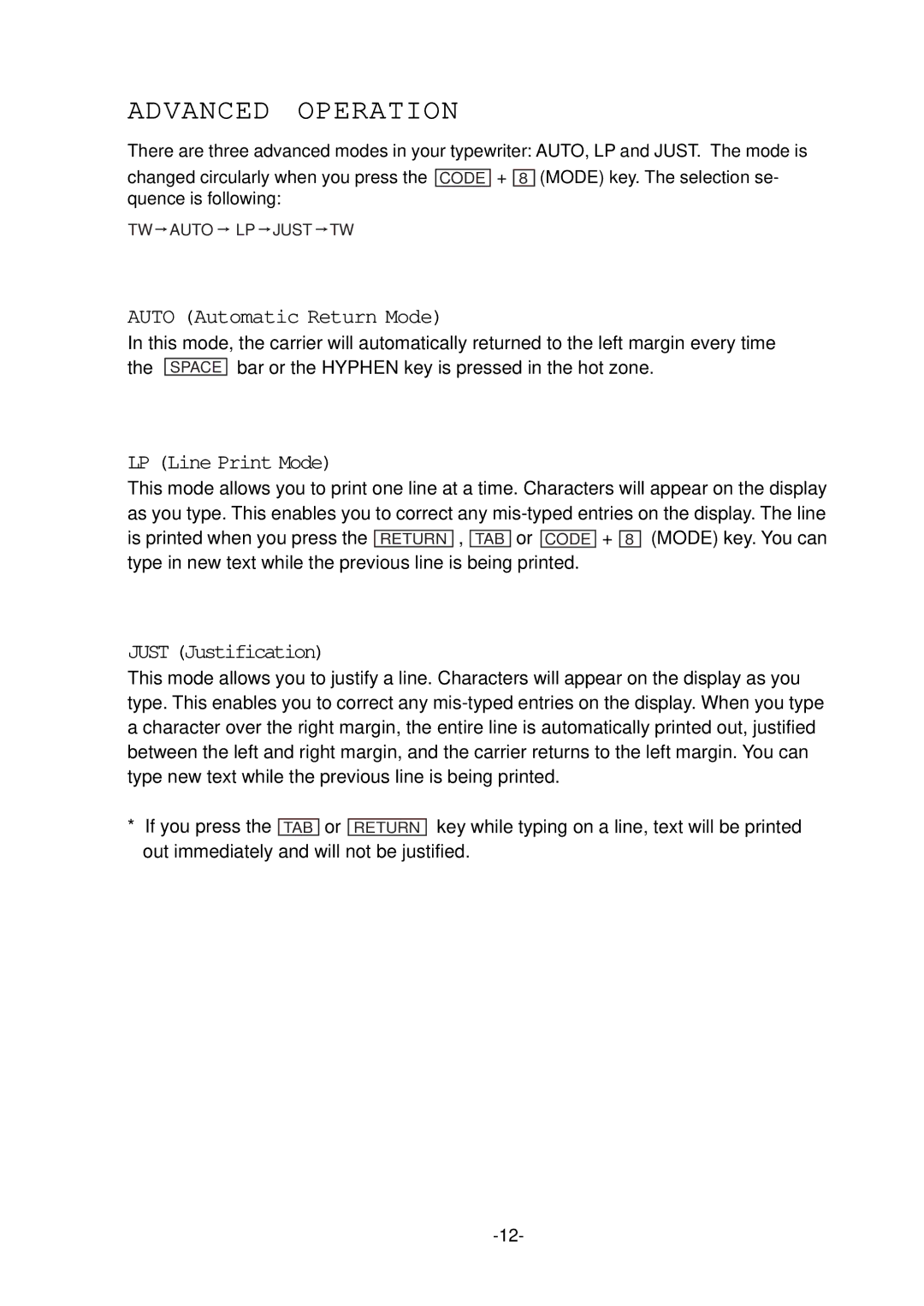 Smith Corona 200 instruction manual Advanced Operation, Auto Automatic Return Mode, LP Line Print Mode, Just Justification 