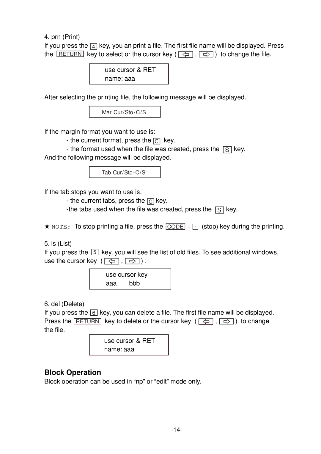 Smith Corona 200 instruction manual Block Operation 