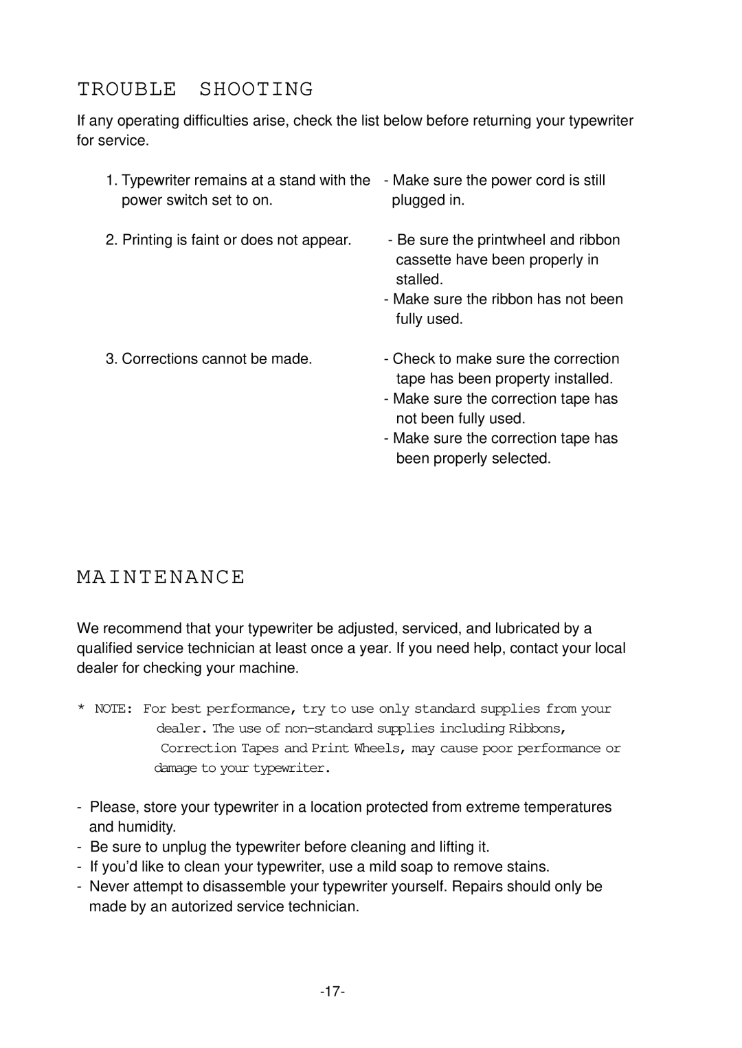 Smith Corona 200 instruction manual Trouble Shooting, Maintenance 
