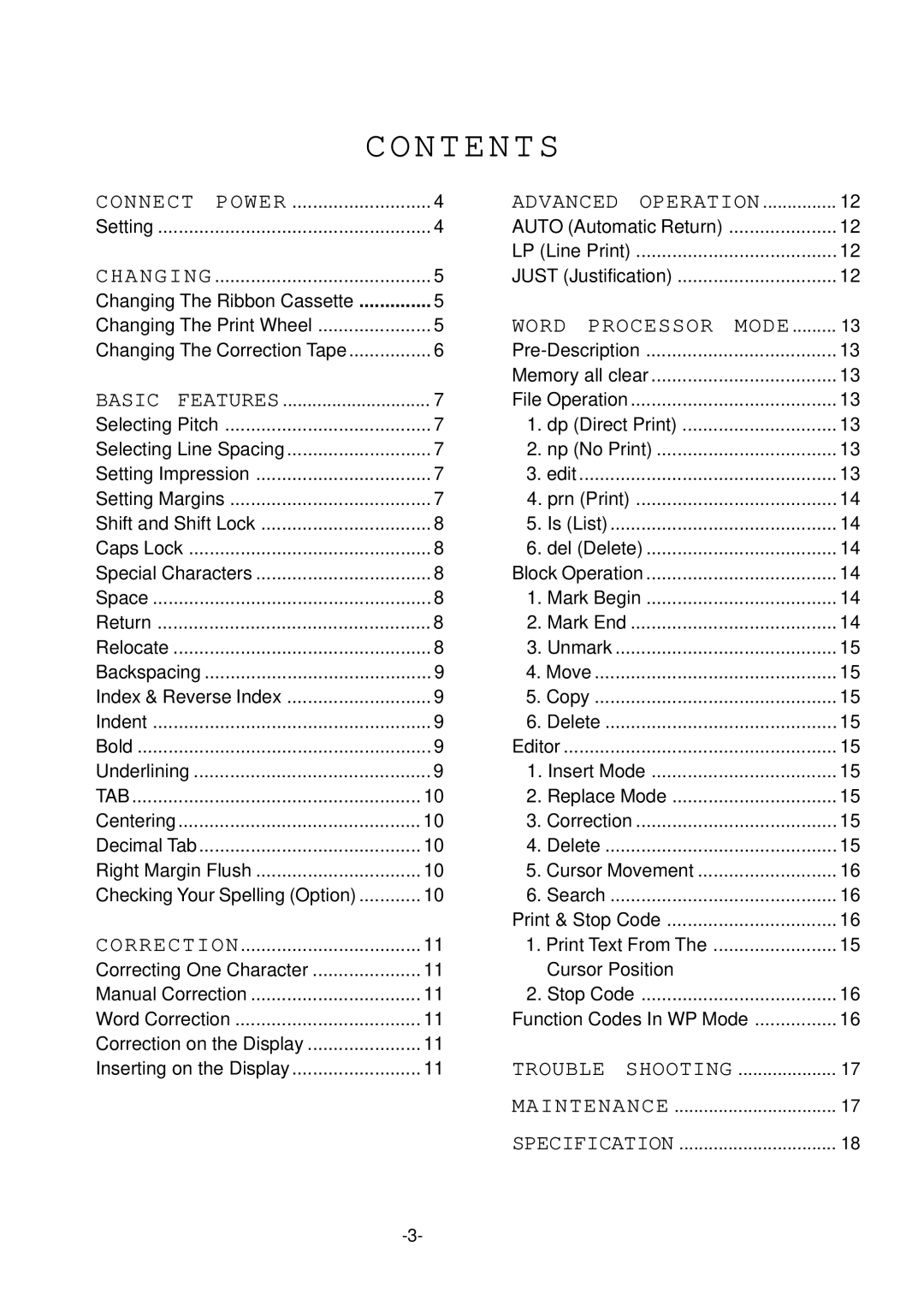 Smith Corona 200 instruction manual Contents 