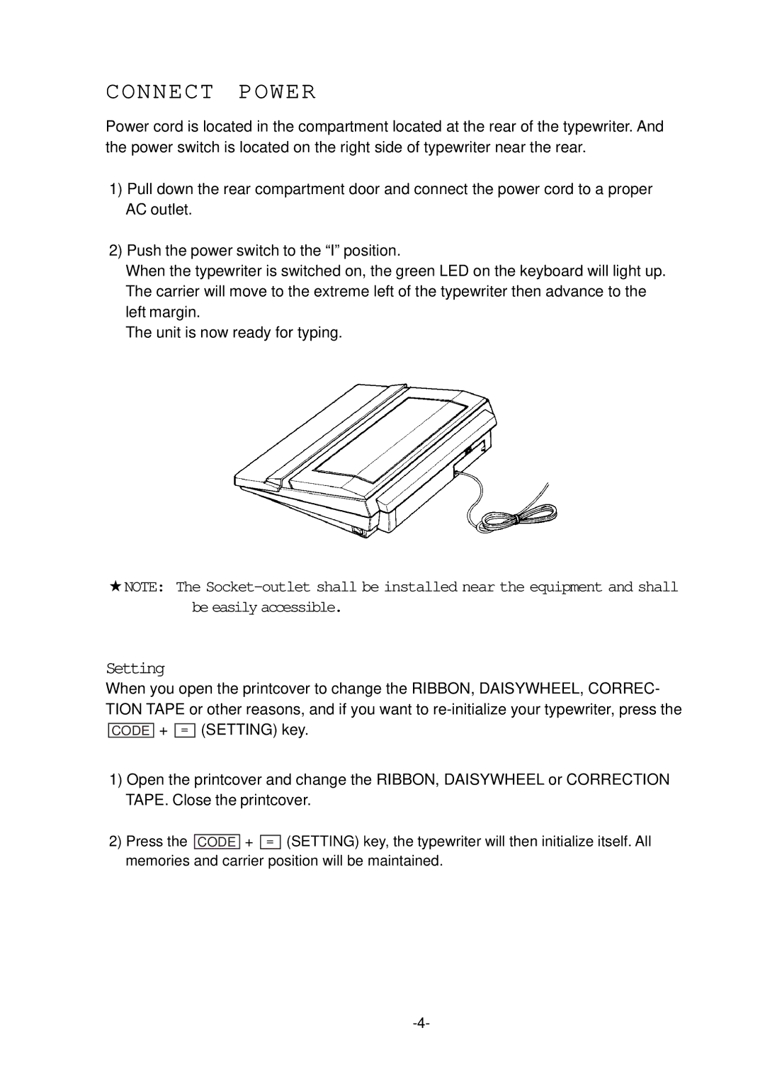 Smith Corona 200 instruction manual Connect Power, Setting 