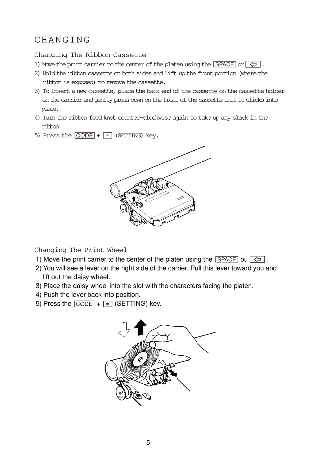 Smith Corona 200 instruction manual Changing The Ribbon Cassette, Changing The Print Wheel 