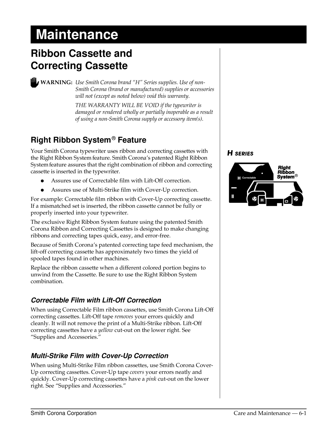 Smith Corona Cassette Player warranty Ribbon Cassette Correcting Cassette, Right Ribbon System Feature 