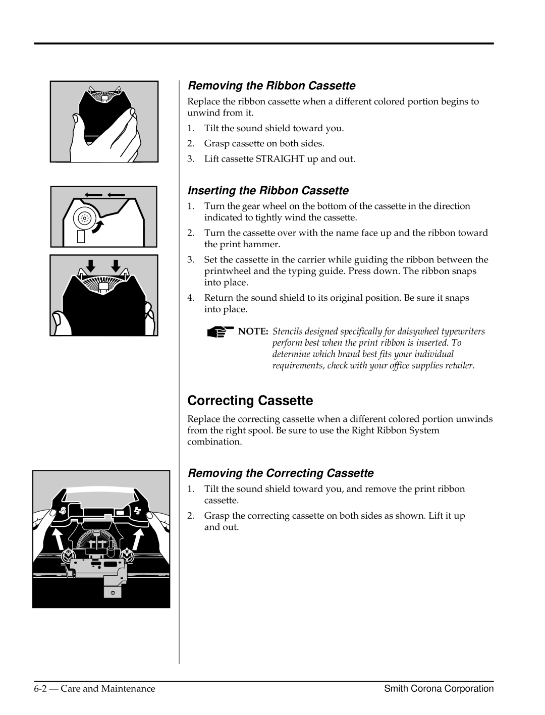 Smith Corona Cassette Player warranty Correcting Cassette, Removing the Ribbon Cassette, Inserting the Ribbon Cassette 
