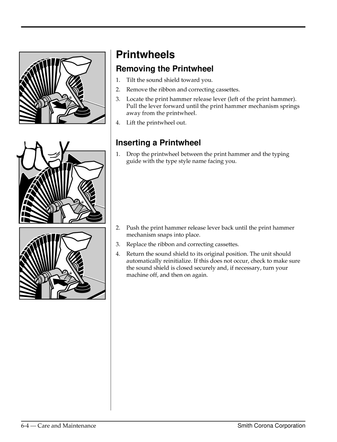 Smith Corona Cassette Player warranty Printwheels, Removing the Printwheel, Inserting a Printwheel 