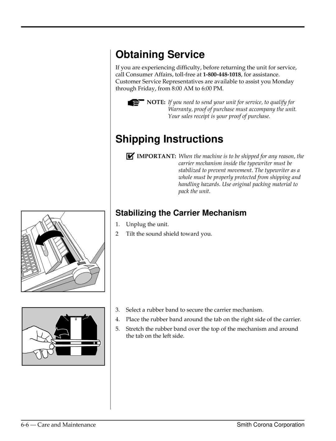 Smith Corona Cassette Player warranty Obtaining Service, Shipping Instructions, Stabilizing the Carrier Mechanism 