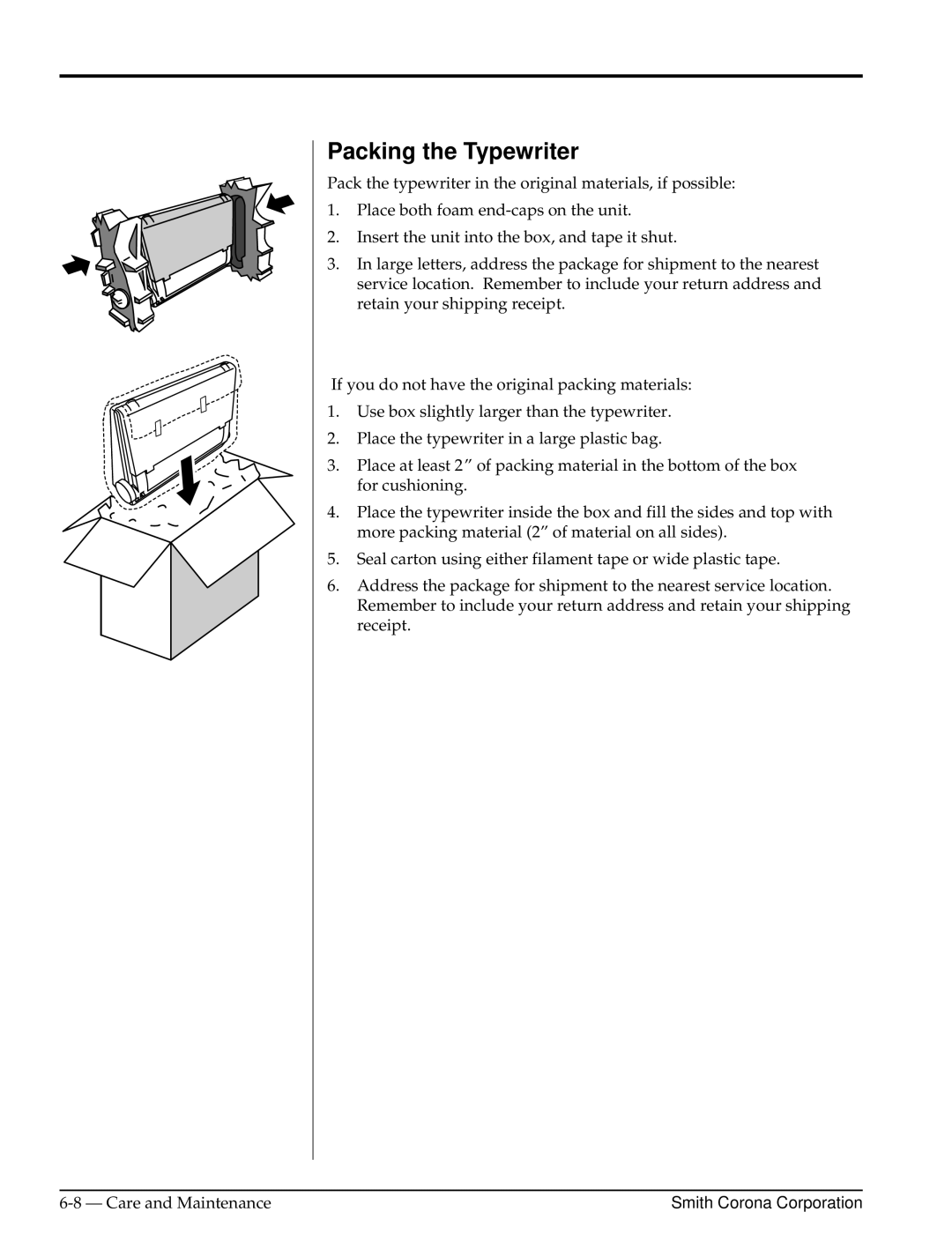 Smith Corona Cassette Player warranty Packing the Typewriter 