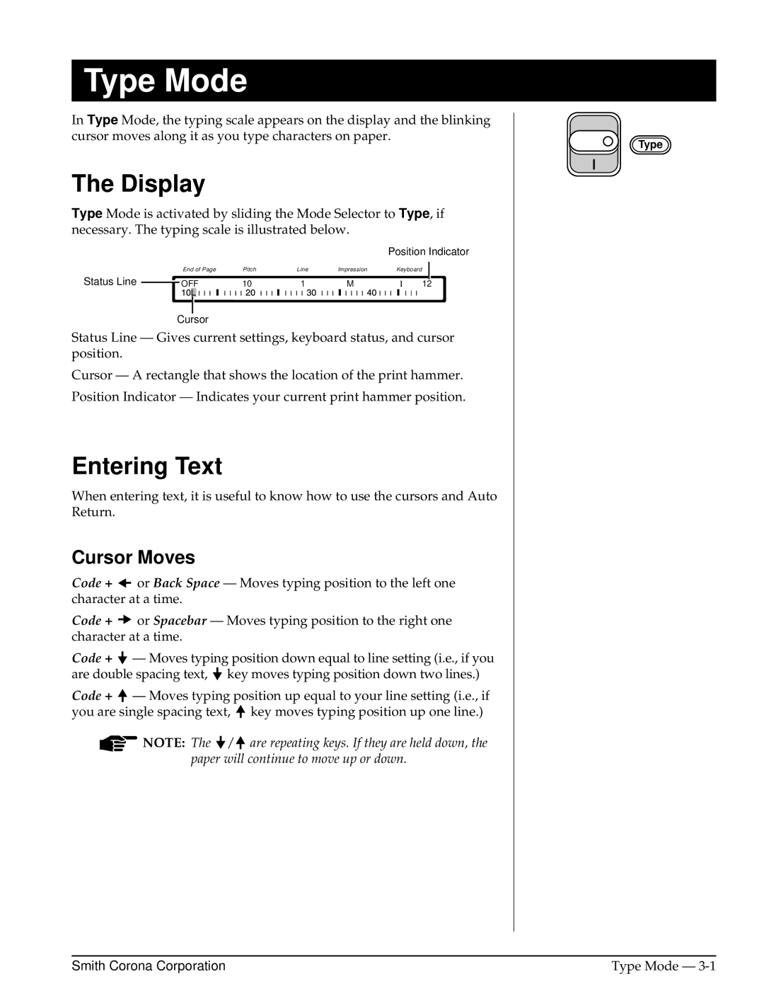 Smith Corona Computer Keyboard manual Display, Entering Text, Cursor Moves 