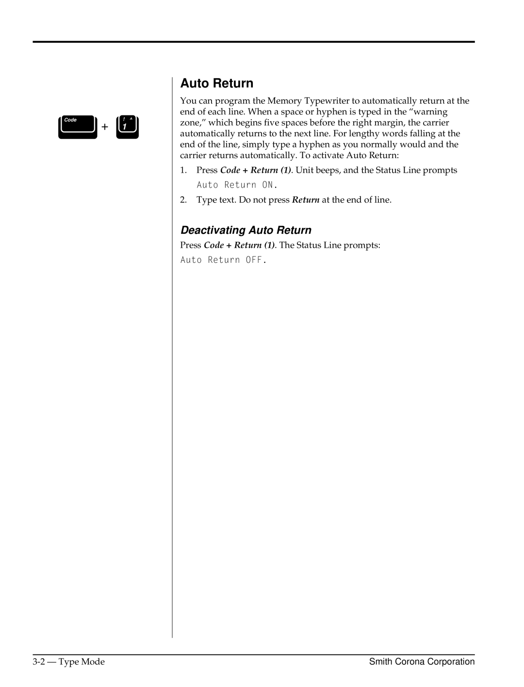 Smith Corona Computer Keyboard manual Deactivating Auto Return 