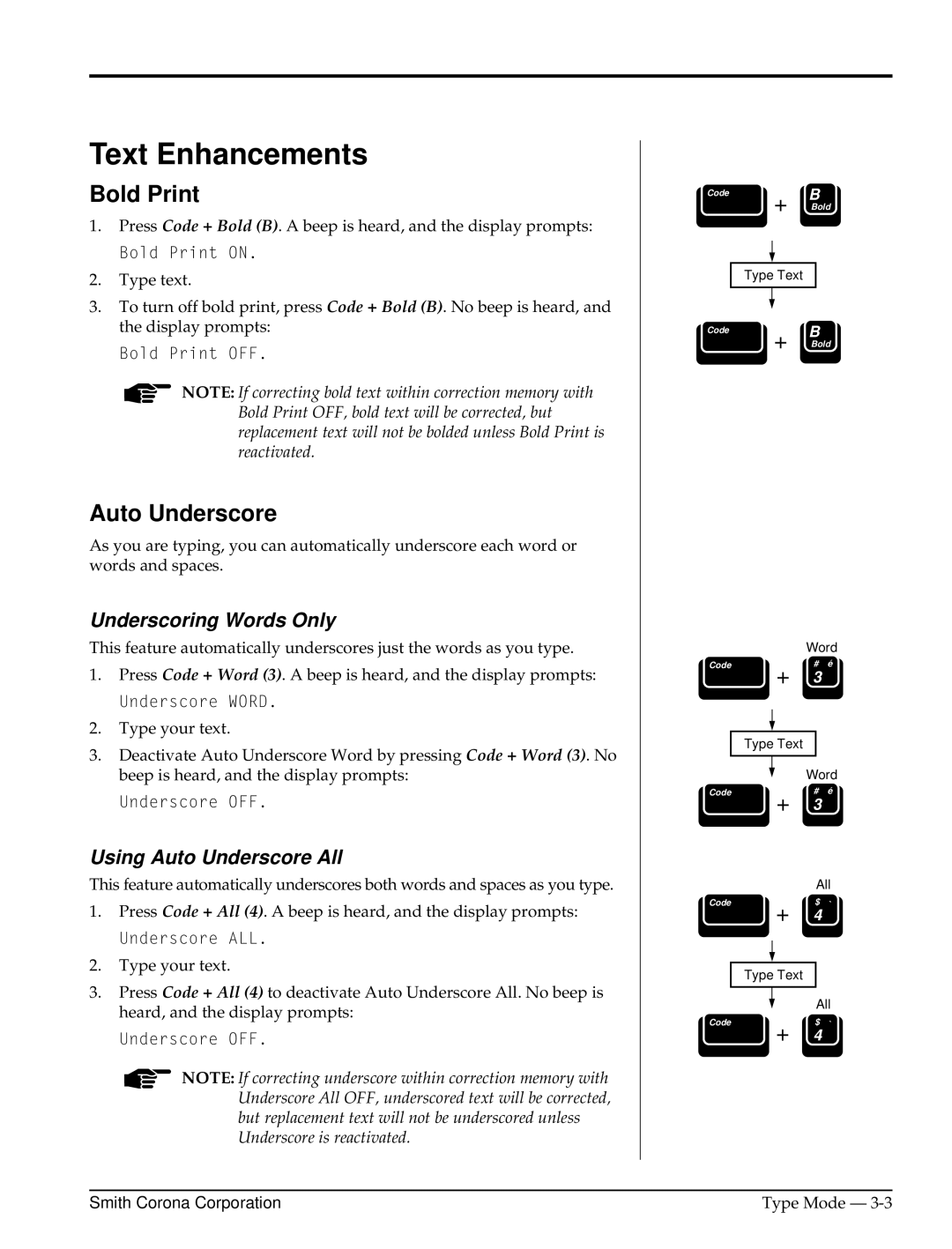 Smith Corona Computer Keyboard manual Text Enhancements, Bold Print, Auto Underscore, Underscoring Words Only 