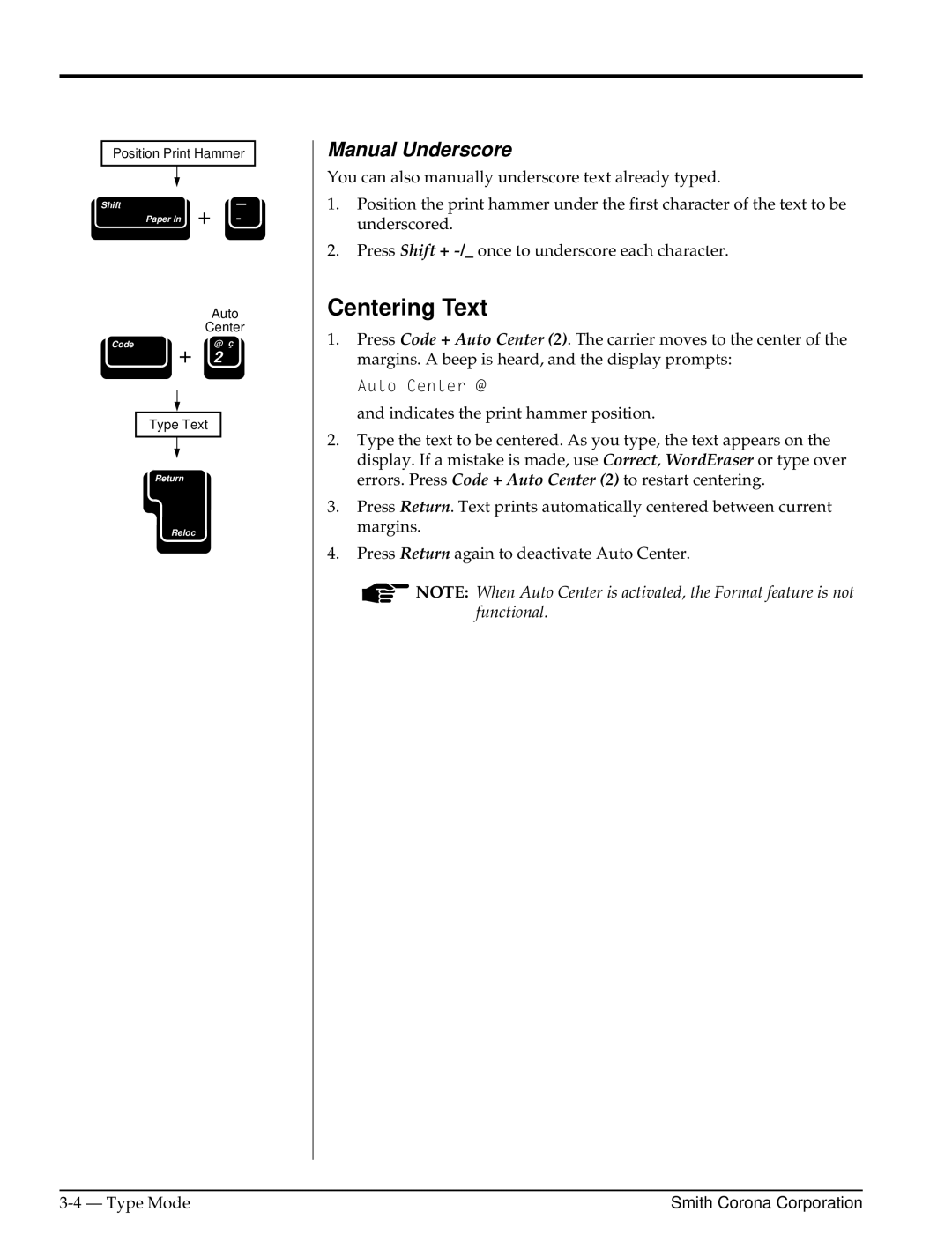 Smith Corona Computer Keyboard manual Centering Text, Manual Underscore 