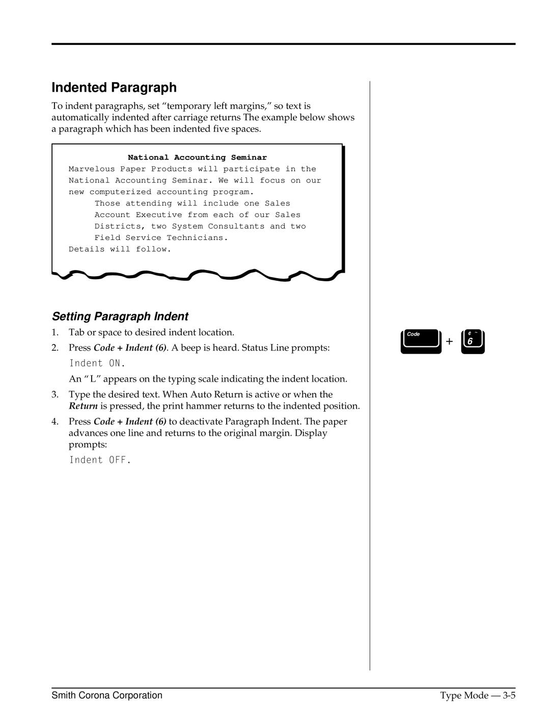 Smith Corona Computer Keyboard manual Indented Paragraph, Setting Paragraph Indent 