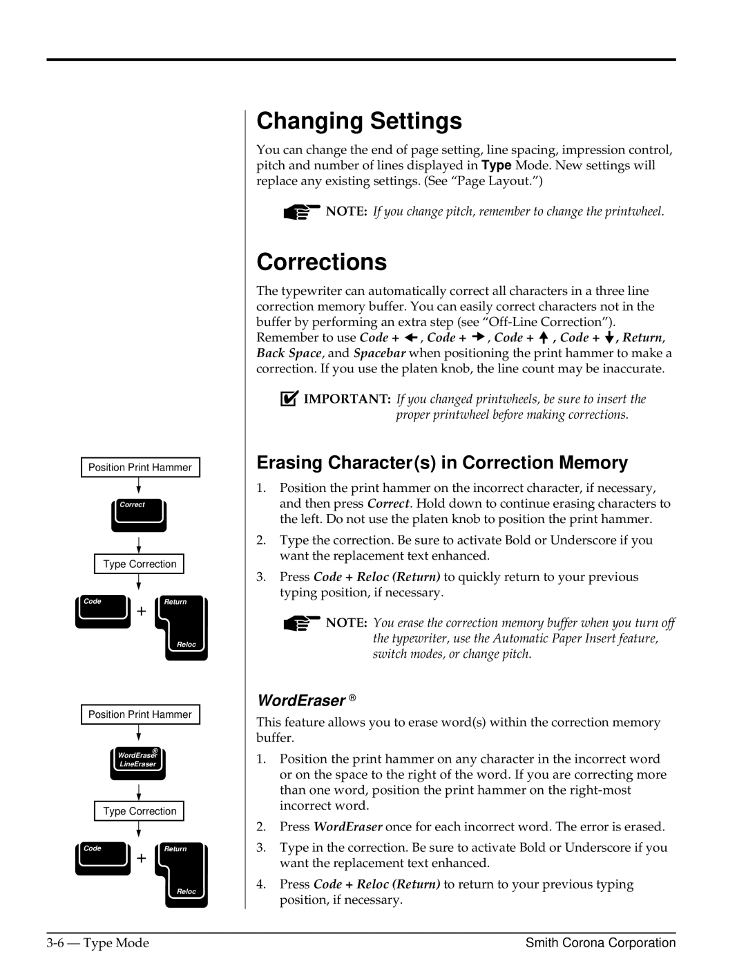 Smith Corona Computer Keyboard manual Changing Settings, Corrections, Erasing Characters in Correction Memory, WordEraser 