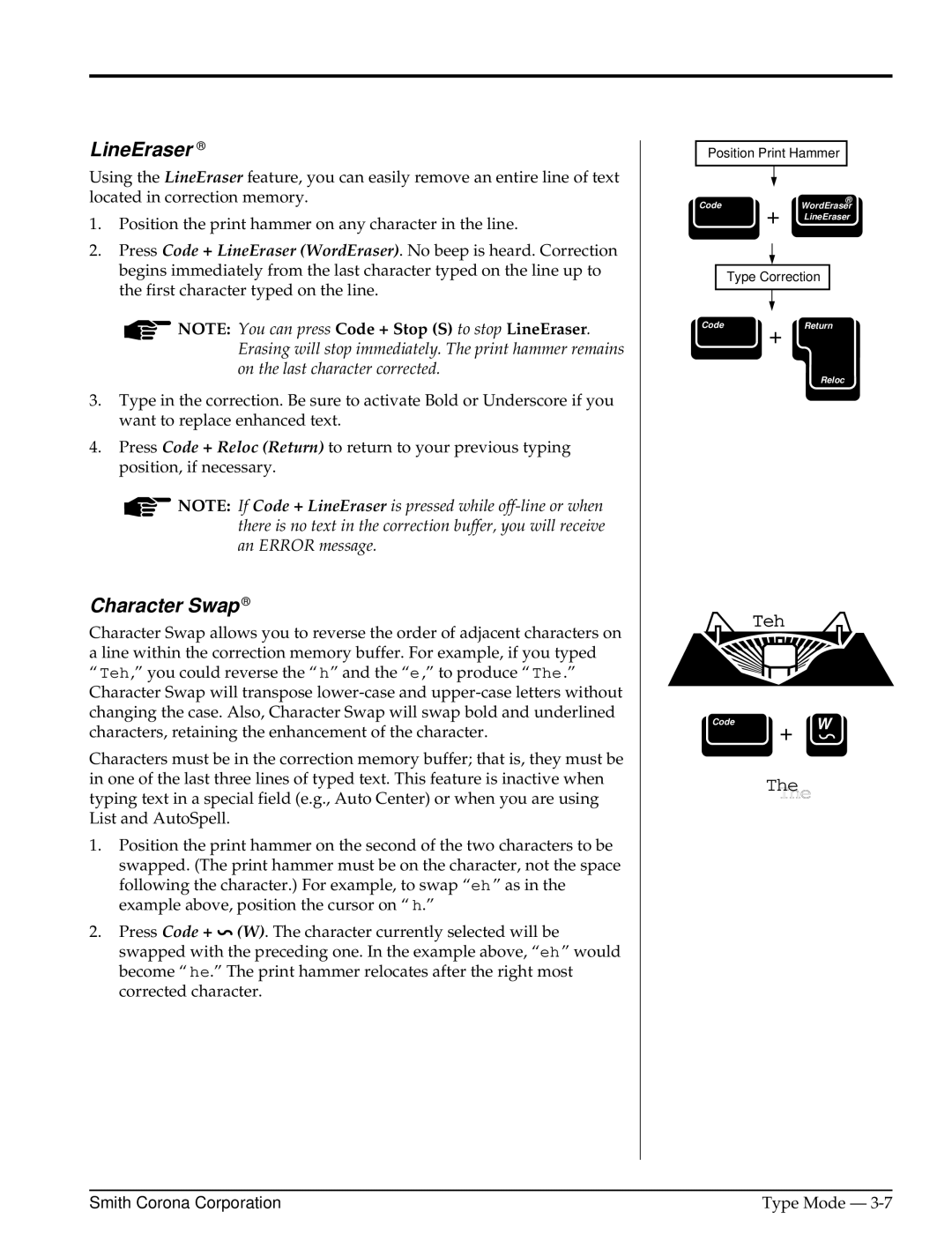 Smith Corona Computer Keyboard manual LineEraser, Character Swap 