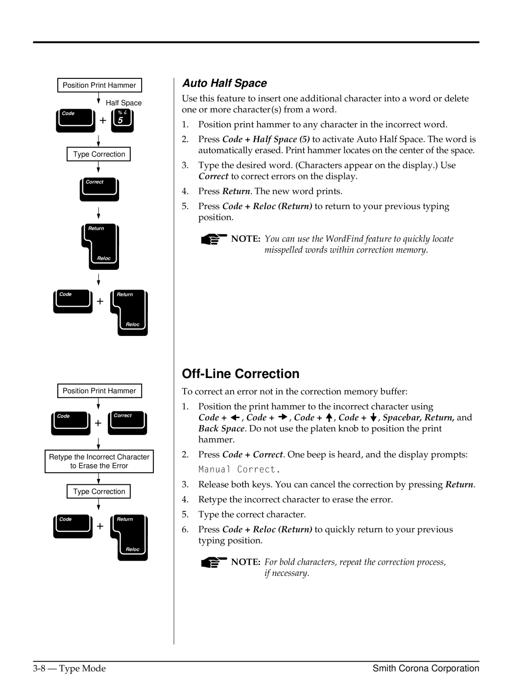 Smith Corona Computer Keyboard manual Off-Line Correction, Auto Half Space 