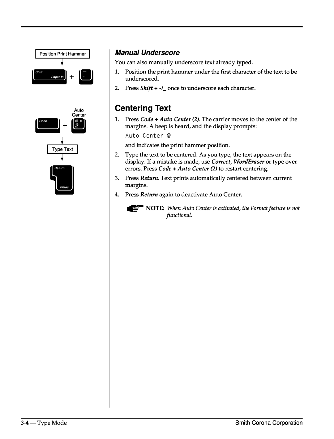 Smith Corona Computer Keyboard manual Centering Text, Manual Underscore 