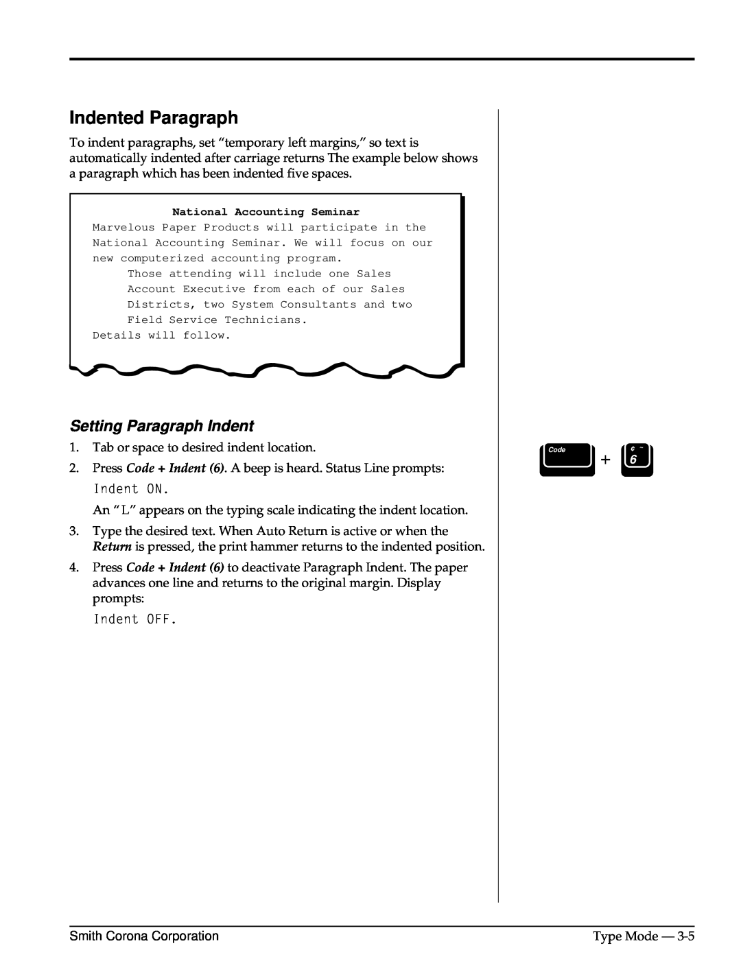 Smith Corona Computer Keyboard manual Indented Paragraph, Setting Paragraph Indent 