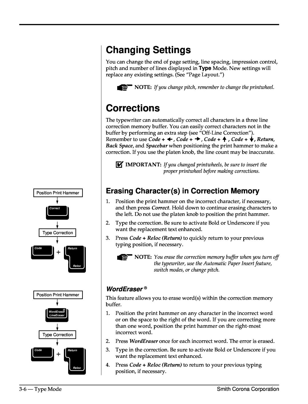 Smith Corona Computer Keyboard manual Changing Settings, Corrections, Erasing Characters in Correction Memory, WordEraser 
