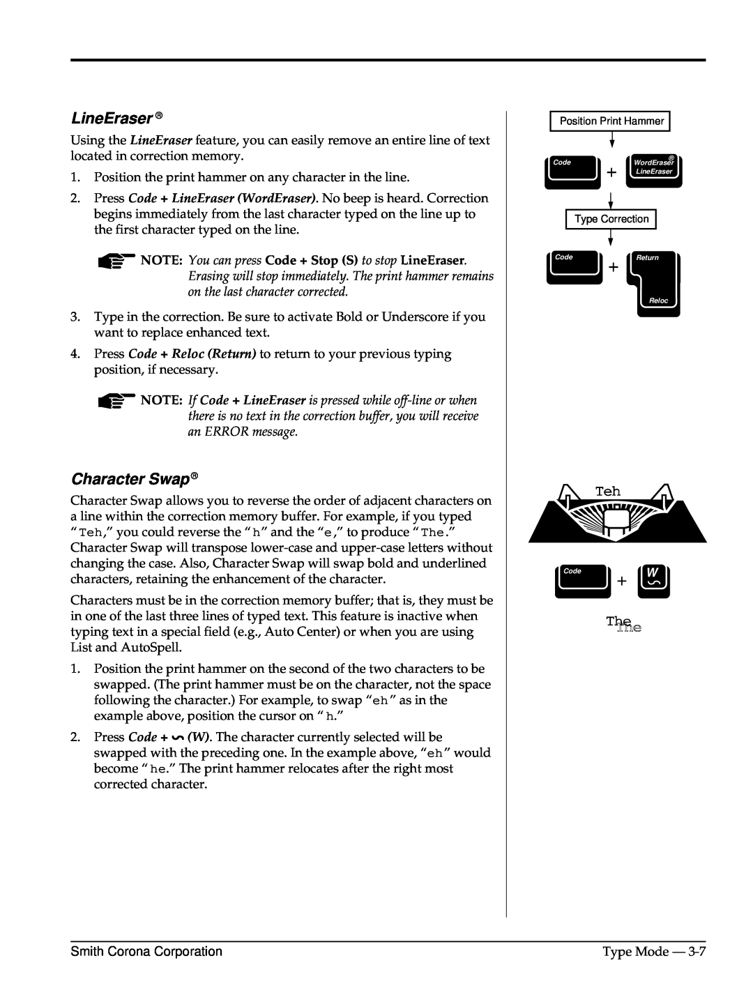Smith Corona Computer Keyboard manual LineEraser, Character Swap, The The 