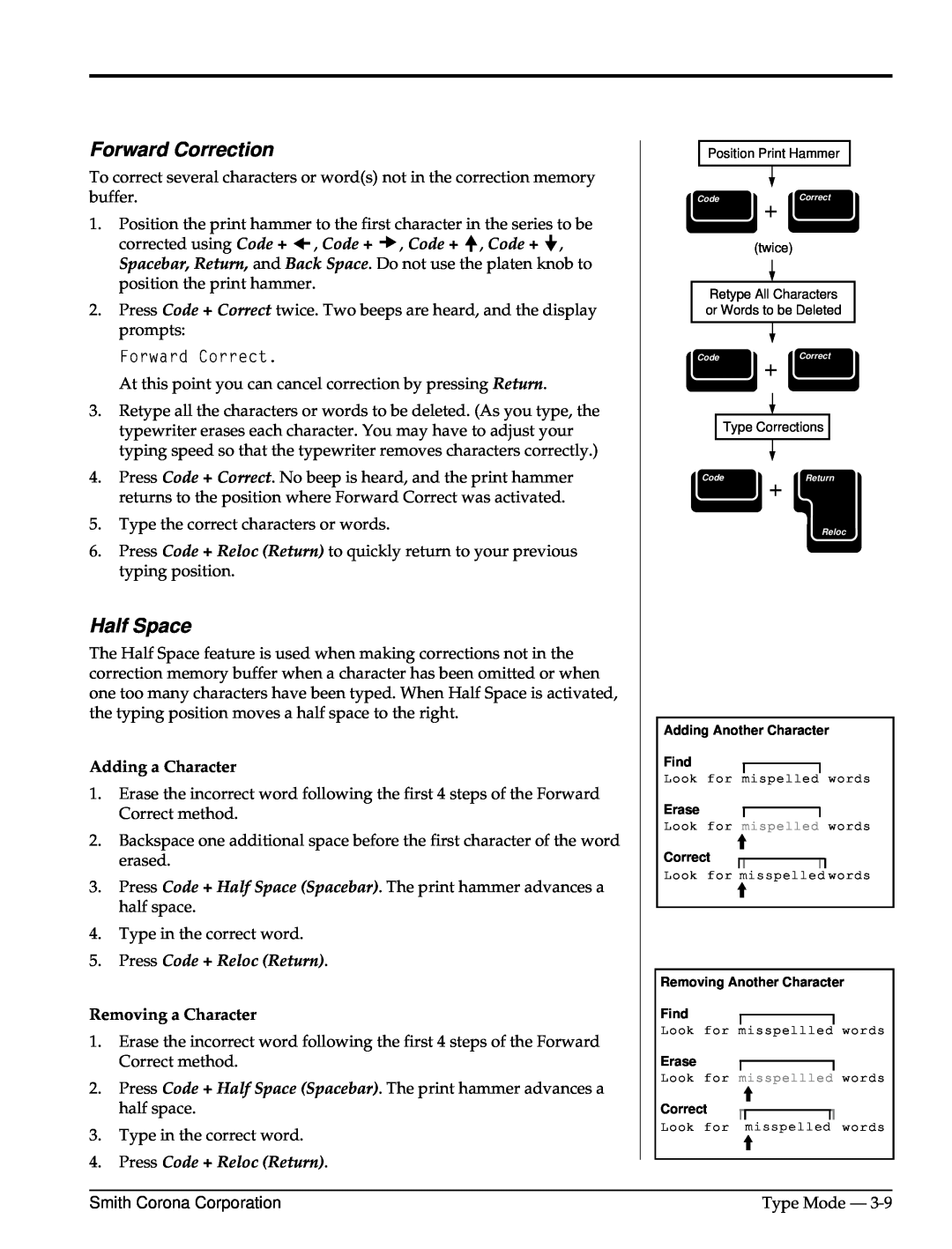 Smith Corona Computer Keyboard manual Forward Correction, Half Space, Adding a Character, Removing a Character 