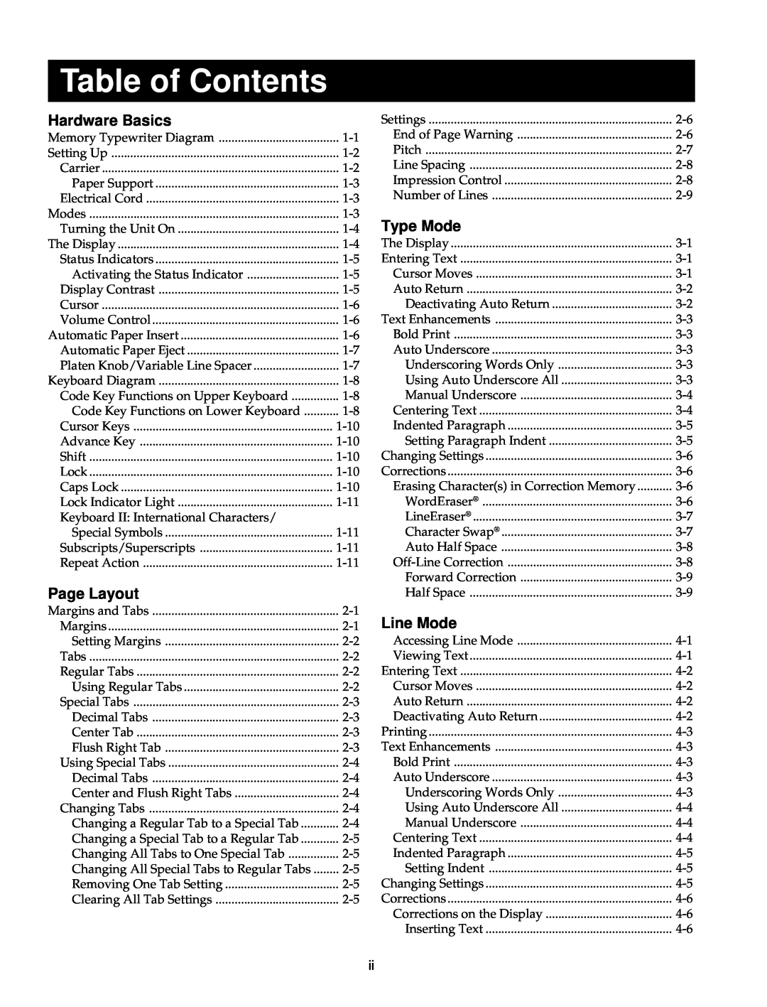 Smith Corona Typewriter manual Table of Contents, Hardware Basics, Page Layout, Type Mode, Line Mode 