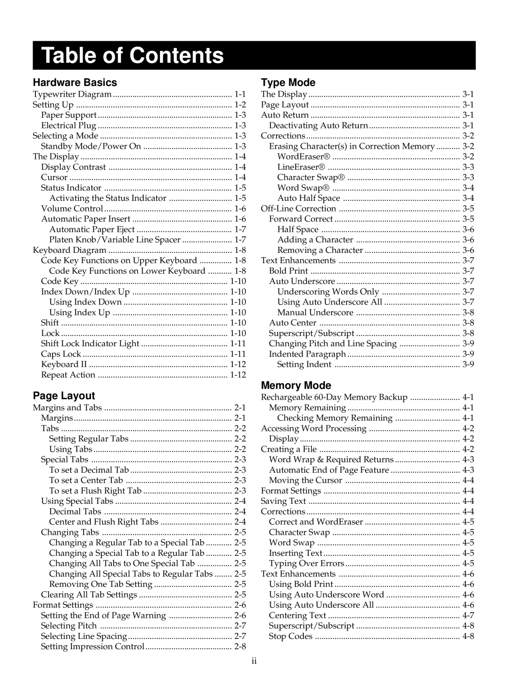 Smith Corona VTX 300, DISPLAY 1000 manual Table of Contents 