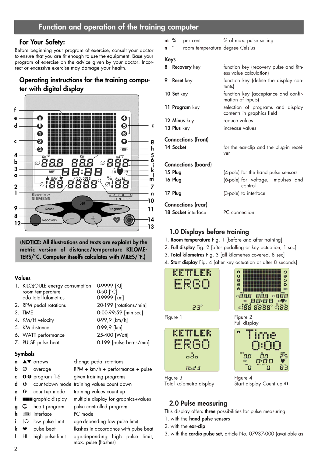 Smooth Fitness 07858-699 manual For Your Safety, Displays before training, Pulse measuring 