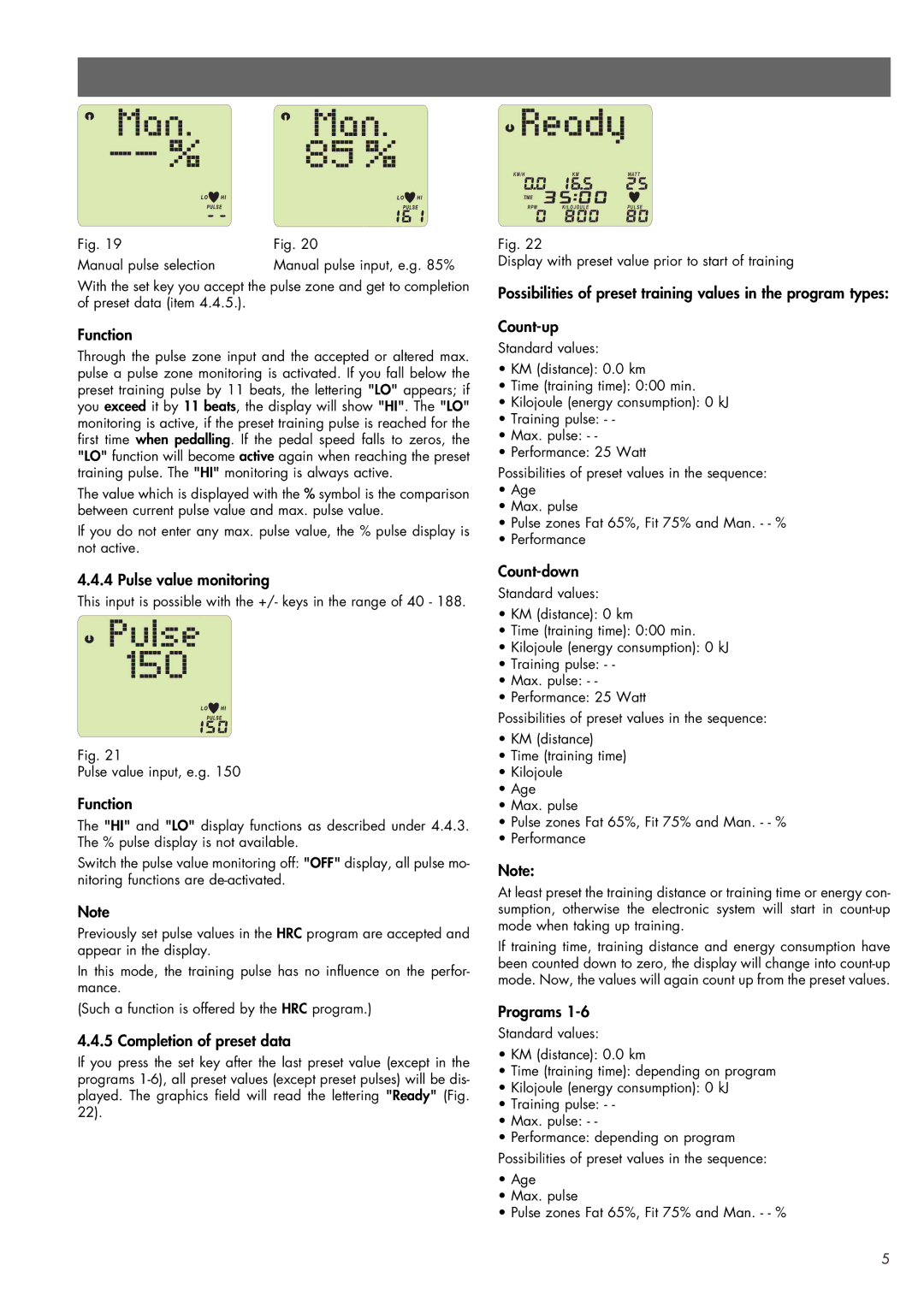 Smooth Fitness 07858-699 manual Pulse value monitoring, Completion of preset data, Count-down, Programs 