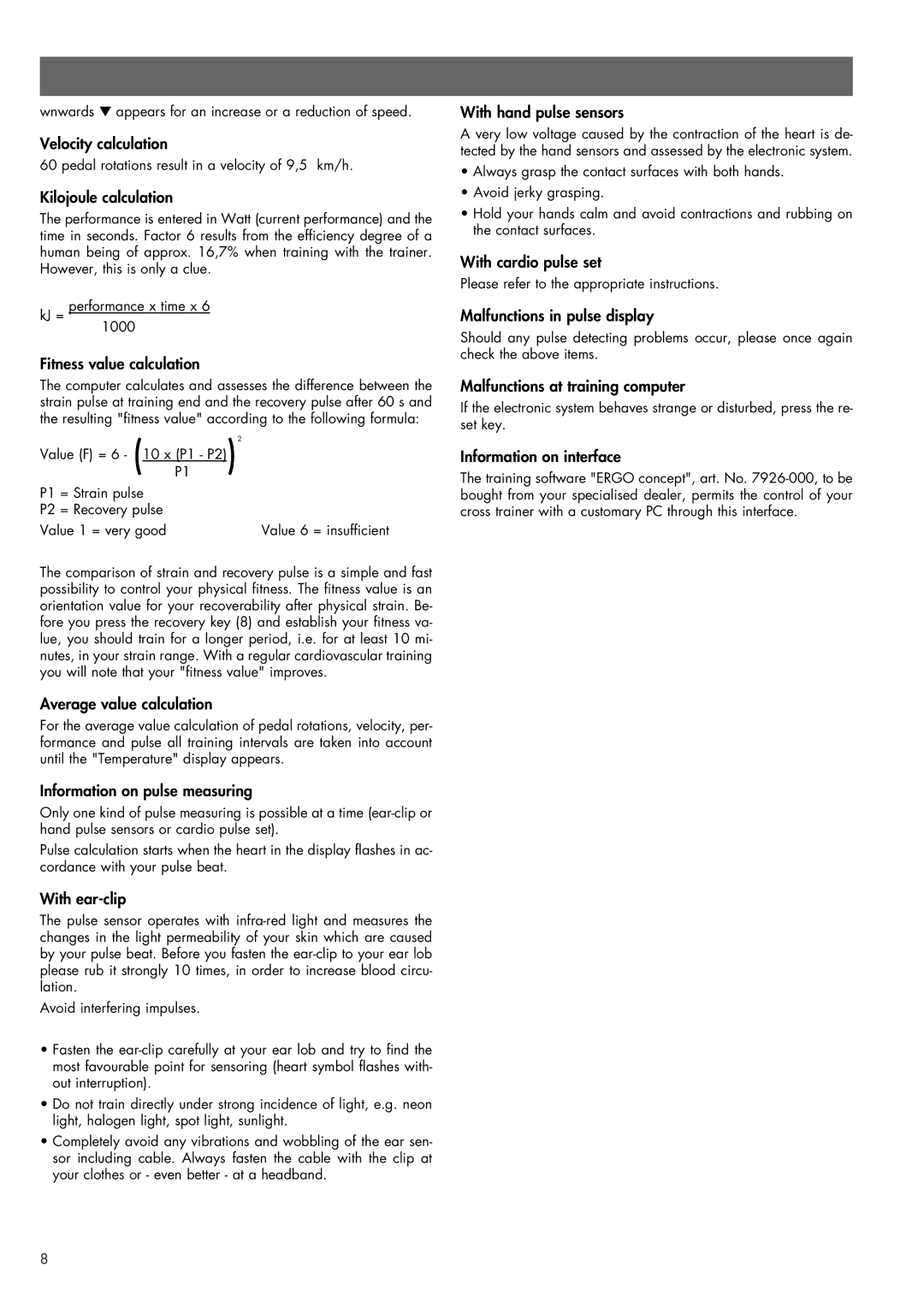 Smooth Fitness 07858-699 Velocity calculation, Kilojoule calculation, Fitness value calculation, Average value calculation 