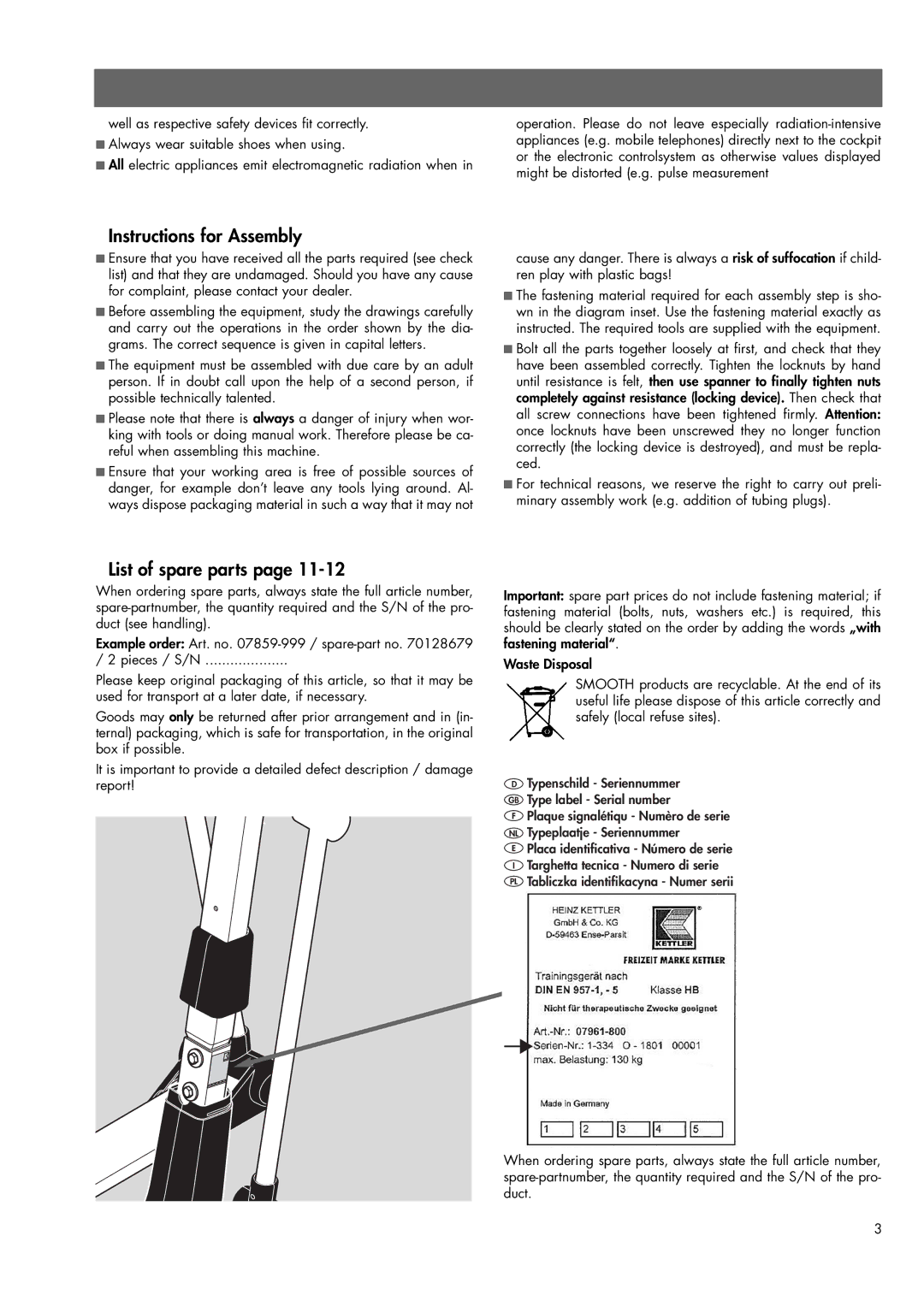 Smooth Fitness 07859-999 manual Instructions for Assembly 