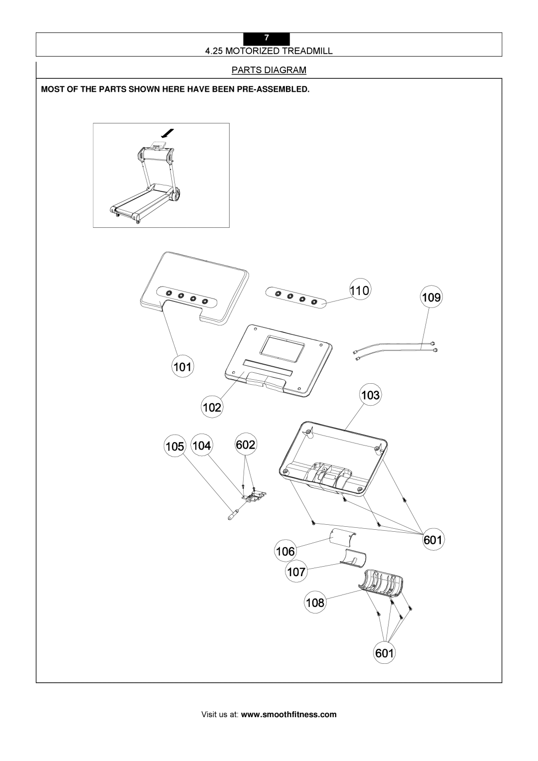 Smooth Fitness 4.25 owner manual 110, Motorized Treadmill Parts Diagram 