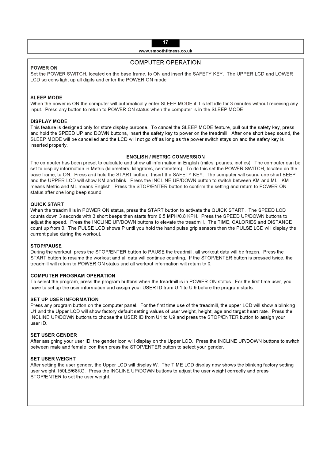 Smooth Fitness 5.15E Display Mode, English / Metric Conversion, Quick Start, Stop/Pause, Computer Program Operation 