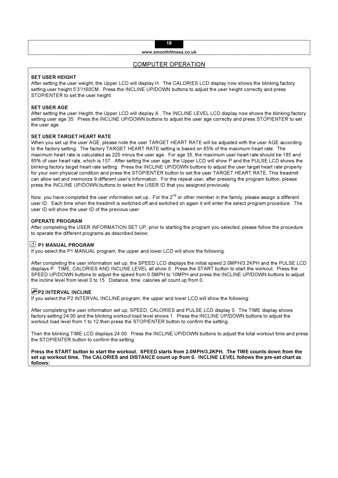 Smooth Fitness 5.15E SET User Height, SET User AGE, SET User Target Heart Rate, Operate Program, P1 Manual Program 