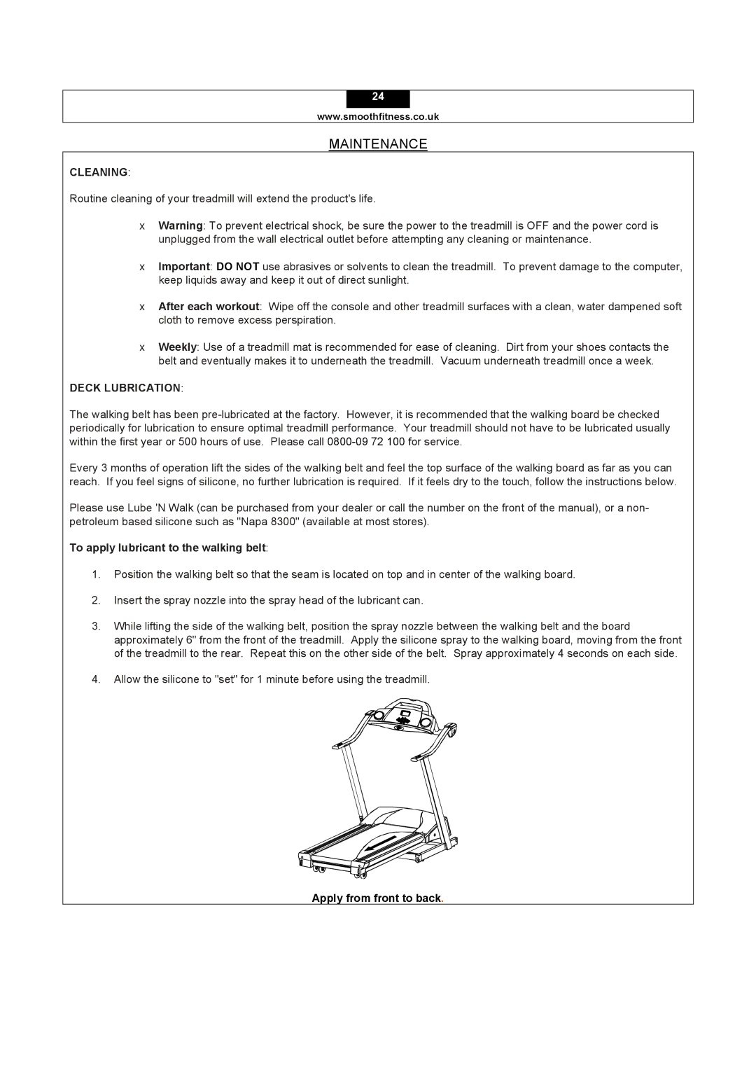 Smooth Fitness 5.15E user manual Cleaning, To apply lubricant to the walking belt 