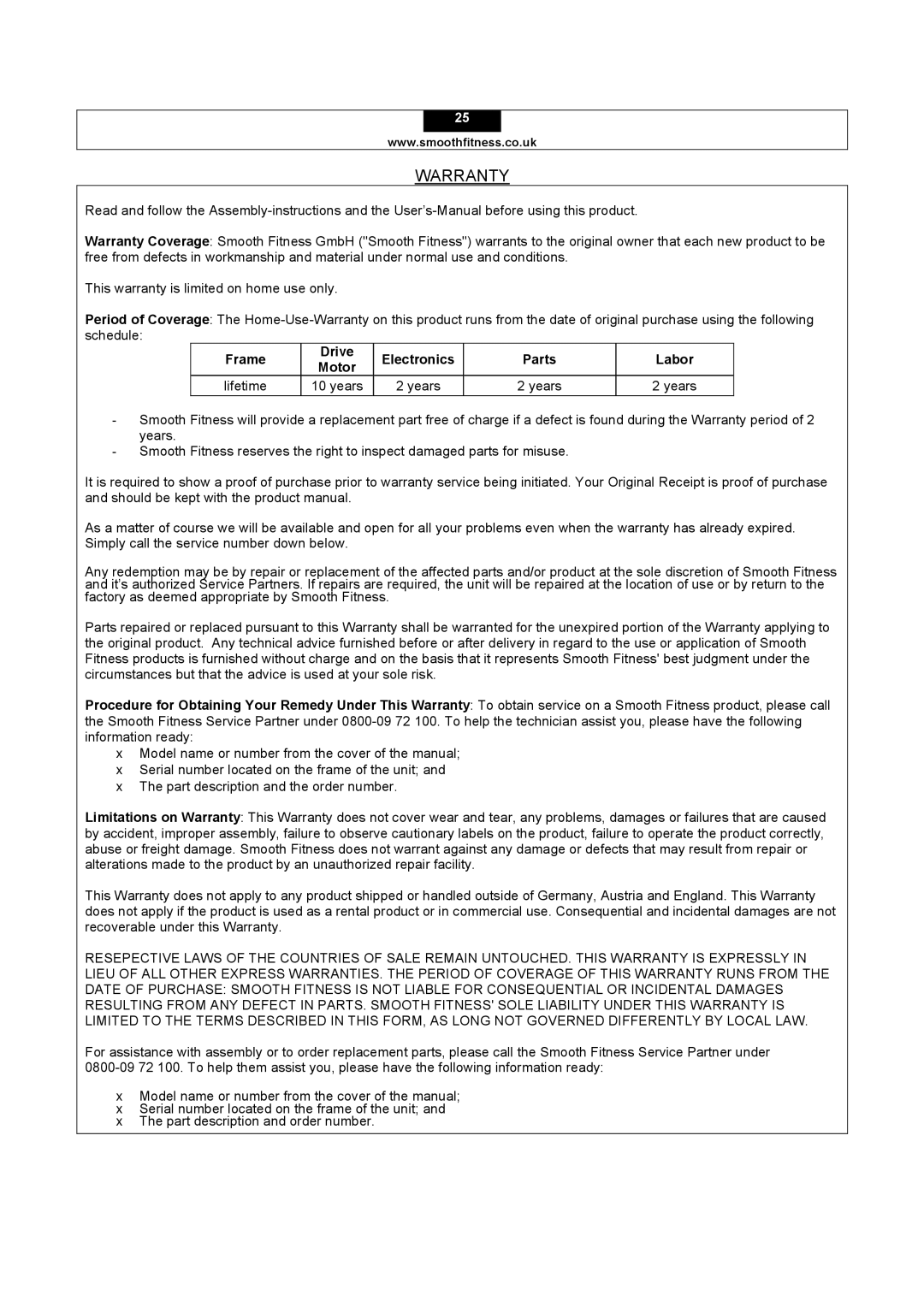 Smooth Fitness 5.15E user manual Warranty, Frame Drive Electronics Parts Labor Motor Lifetime 