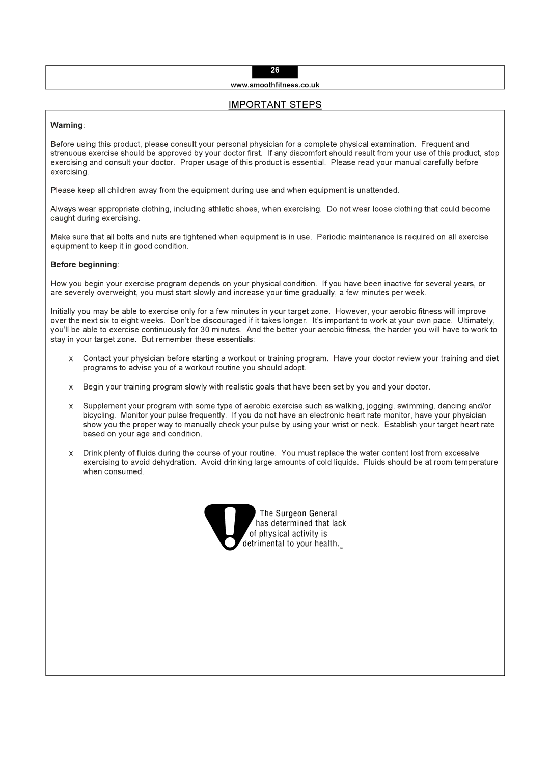 Smooth Fitness 5.15E user manual Important Steps, Before beginning 