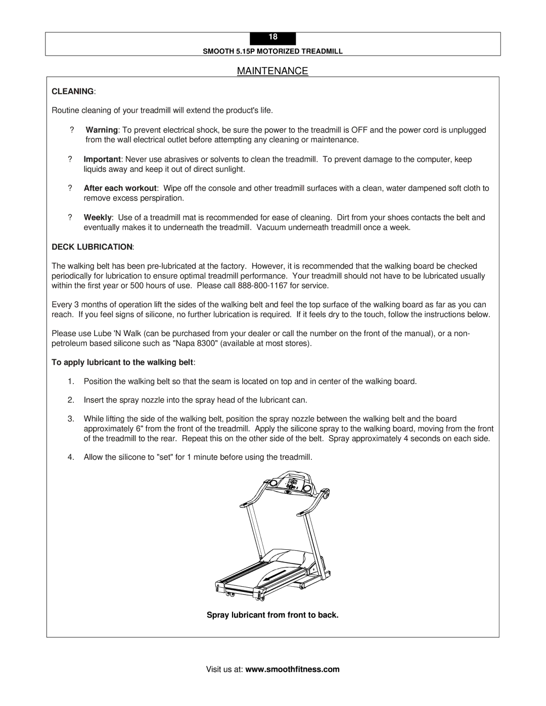 Smooth Fitness 5.15P user manual Cleaning, To apply lubricant to the walking belt 