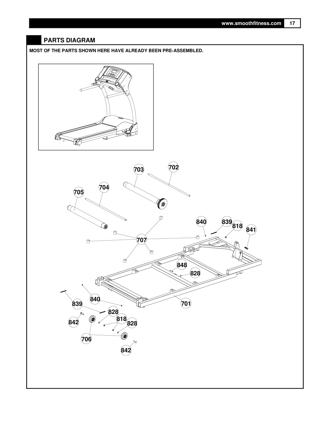 Smooth Fitness 5.25 Motorized Treadmill owner manual 703 702 705 704 840 839 841 707 848 828 701 842 818 706 